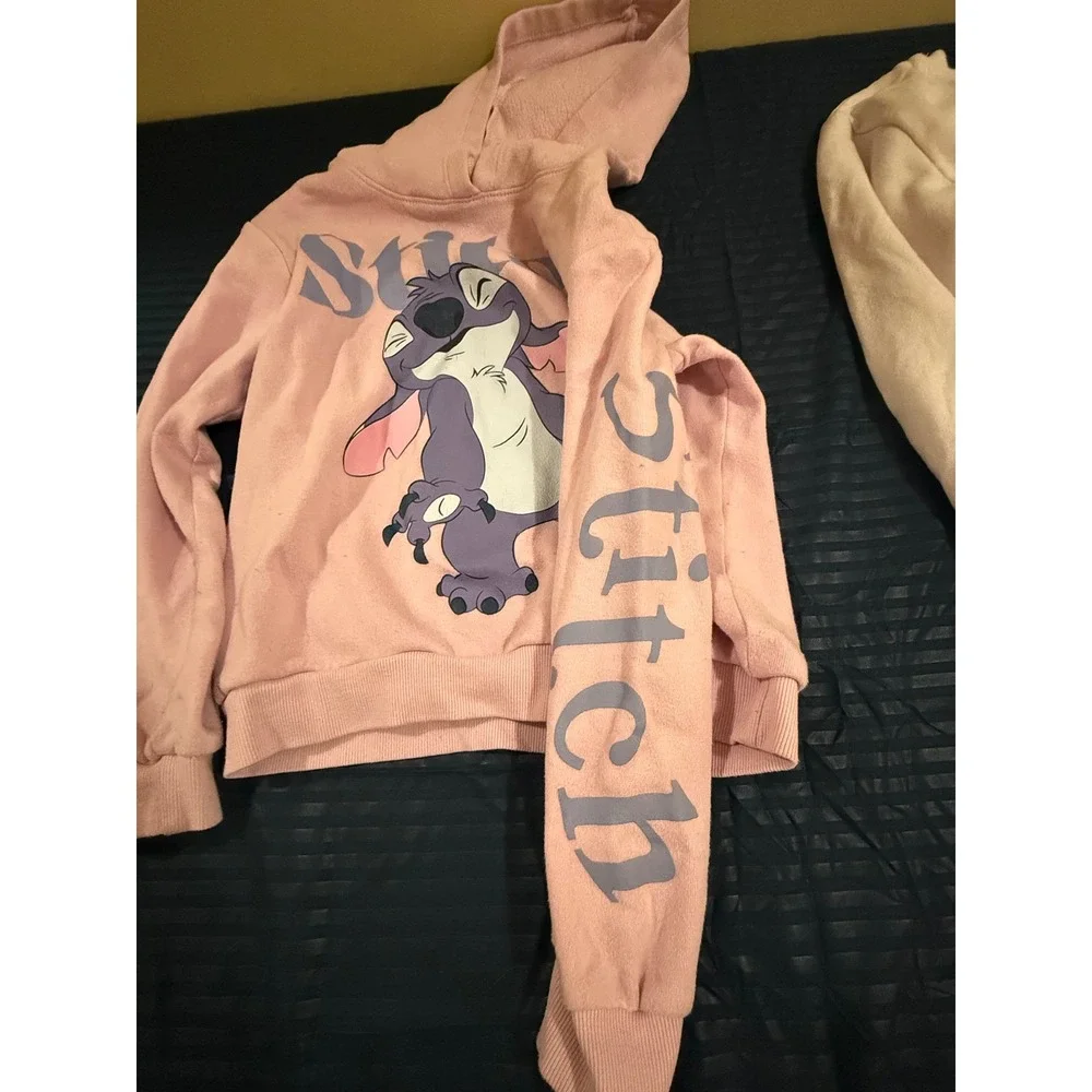 Disney Stitch & Angel 3pc Girls Lounge Set Pink Hoodie Sweatshirt Joggers 7/8 S